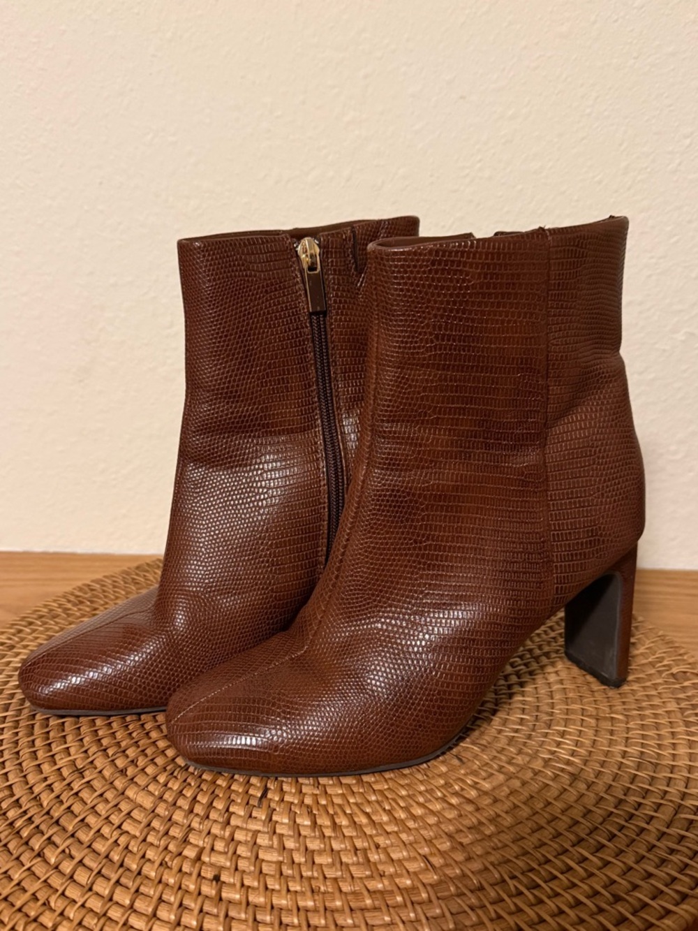 Brown Embossed Textured Ankle‎ Booties with Block Heel Tru Comfort Foam